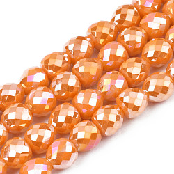 Electroplate Opaque Solid Color Glass Beads Strands, AB Color Plated, Faceted, Strawberry, Dark Orange, 6x6mm, Hole: 1.4mm, about 100pcs/strand, 24.02 inch(61cm)(EGLA-N002-26-B03)