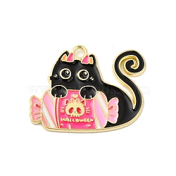 Halloween Theme Alloy Enamel Pendants, Light Gold, Cat Charm, Candy Pattern, 28x23x1.5mm, Hole: 2mm(ENAM-I053-B01)