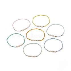 7Pcs 7 Colors Natural Pearl & Glass Seed & Brass Beaded Stretch Anklets Set for Women, Mixed Color, Inner Diameter: 64.5~67.5mm, 1Pc/color(AJEW-AN00529)