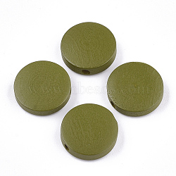 Painted Natural Wood Beads, Flat Round, Olive, 15~15.5x4mm, Hole: 1.8mm(WOOD-S049-02B-05)