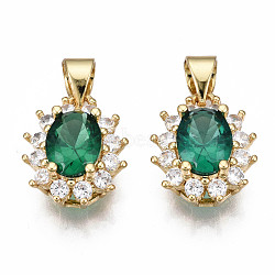 Brass Micro Pave Cubic Zirconia Charms, with Brass Snap on Bails, Oval, Real 18K Gold Plated, Nickel Free, Dark Green, 14x11.5x7mm, Hole: 5x3.5mm(KK-N227-54C-NF)