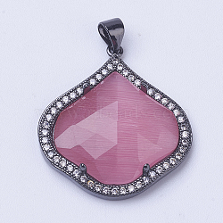 Brass Cat Eye Pendant, with Micro Pave Cubic Zirconia, Faceted, Long-Lasting Plated, Petal, Hot Pink, Gunmetal, 28x25x5mm, Hole: 3.5x4mm(ZIRC-G112-O01-B)