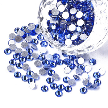 Glass Rhinestone Flat Back Cabochons, Back Plated, Faceted, Half Round, Sapphire, SS4, 1.5~1.6x1mm, about 1440pcs/bag