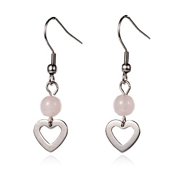 Heart Natural Rose Quartz Dangle Earrings, with 304 Stainless Steel Earring Hooks, 41mm, Pin: 0.6mm