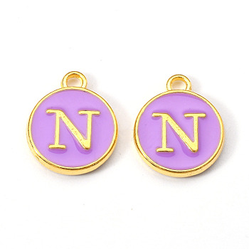 Golden Plated Alloy Enamel Charms, Enamelled Sequins, Flat Round with Letter, Medium Purple, Letter.N, 14x12x2mm, Hole: 1.5mm