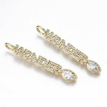 Brass Micro Pave Clear Cubic Zirconia Pendants, Nickel Free, Word Wonder, Real 16K Gold Plated, 46x5.5x2.5mm, Hole: 3.5x5mm