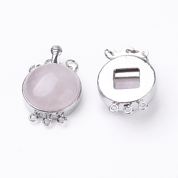Natural Rose Quartz Box Clasps, with Brass Finding, Flat Round, Platinum, 26.5x17.5x8~9mm, Hole: 1mm