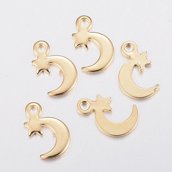201 Stainless Steel Charms, Moon with Star, Real 18K Gold Plated, 11x7x1mm, Hole: 1.5mm