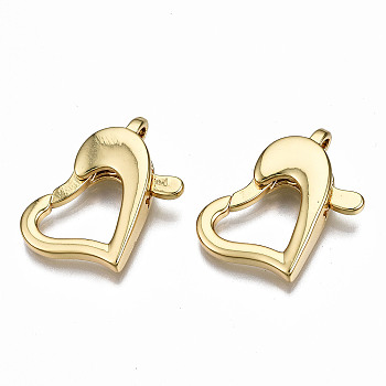 Brass Lobster Claw Clasps, Nickel Free, Heart, Real 16K Gold Plated, 20x25x6mm, Hole: 2.5x3mm