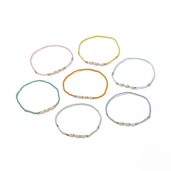 7Pcs 7 Colors Natural Pearl & Glass Seed & Brass Beaded Stretch Anklets Set for Women, Mixed Color, Inner Diameter: 64.5~67.5mm, 1Pc/color