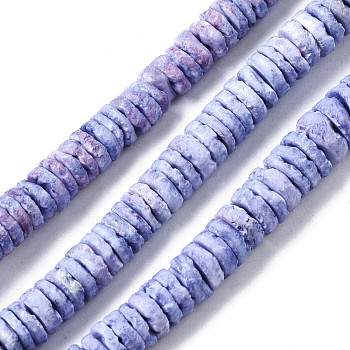 Natural Sea Shell Beads Strands, Dyed, Flat Round/Disc, Heishi Beads, Medium Slate Blue, 5~7x1.5~2.5mm, Hole: 0.9mm, about 329~348pcs/strand, 22.32 inch~22.83 inch(56.7~58cm)