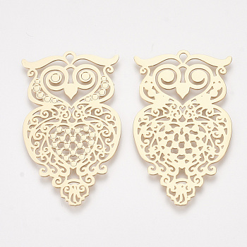 Brass Pendants, Etched Metal Embellishments, Owl, Light Gold, 39x22.5x0.3mm, Hole: 1.6mm