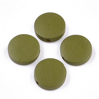 Painted Natural Wood Beads, Flat Round, Olive, 15~15.5x4mm, Hole: 1.8mm