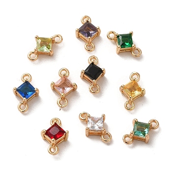 Brass Pave Cubic Zirconia Connector Charms, Rhombus Links, Light Gold, Mixed Color, 7x11x4.5mm, Hole: 1.2mm