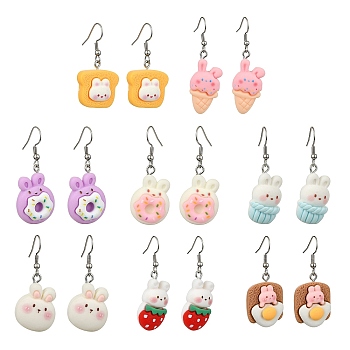 8 Pairs 8 Style Rabbit Resin Dangle Earrings, with 304 Stainless Steel Earrings Pins, Mixed Color, 43~52x16~22mm, 1 Pair/style