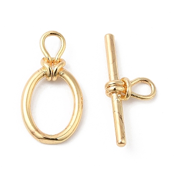 Brass Toggle Clasps, Oval, Real 18K Gold Plated, Oval: 19x10x3mm, Hole: 3.5x3mm, Bar: 20.5x8.5x3mm, Hole: 4x2.5mm