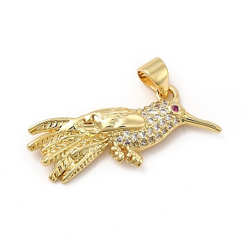 Rack Plating Brass Micro Pave Cubic Zirconia Pendants, Cadmium Free & Lead Free, Real 18K Gold Plated, Bird Charm, Clear, 29x12x4mm, Hole: 5x4mm