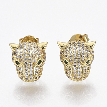 Brass Micro Pave Cubic Zirconia Stud Earrings, with Ear Nuts, Nickel Free, Wolf, Real 18K Gold Plated, 11x10.5mm, Pin: 0.8mm