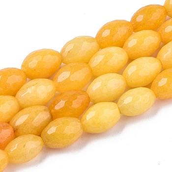 Natural White Jade Beads Strands, Dyed, Faceted, Rice, Gold, 9.5x6.5mm, Hole: 1mm, about 42~43pcs/strand, 15.55 inch~15.75 inch(39.5cm~40cm)