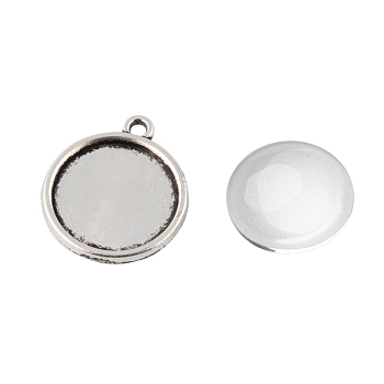 Pendant Making Sets, with Alloy Pendant Cabochon Settings and Glass Cabochons, Flat Round, Antique Silver, Tray: 16mm, 22x19x3mm, Hole: 1mm, 15.5~16x4~5mm