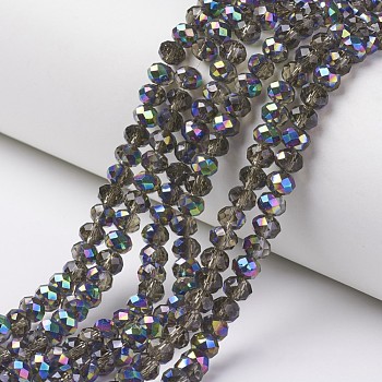 Electroplate Transparent Glass Beads Strands, Half Multi-color Plated, Faceted, Rondelle, Dark Gray, 4x3mm, Hole: 0.4mm, about 130pcs/strand, 16.54 inch(42cm)