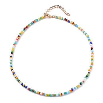 Rainbow Round Opaque Colours Glass Seed Beaded Necklaces, with Alloy Lobster Claw Clasps, Golden, Colorful, 15.07 inch(38.5cm)