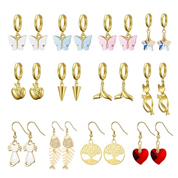 Brass Dangle Earrings & Huggie Hoop Earrings Sets, with Glass & Acrylic & Alloy Enamel & 304 Stainless Steel Pendants, Heart & Tree  of Life & Apple & Cat & Butterfly & Fishbone & Whale Tail Shape, Golden, 28~63mm, Pin: 0.6~1mm, 12pairs/set
