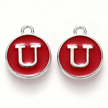 Platinum Plated Alloy Enamel Charms, Cadmium Free & Lead Free, Enamelled Sequins, Flat Round with Letter, Red, Letter.U, 14x12x2mm, Hole: 1.5mm