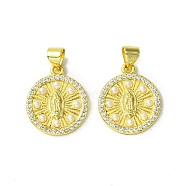 Real 18K Gold Plated Brass Micro Pave Clear Cubic Zirconia Pendants, with Plastic Pearl, Flat Round, 19x16x2.5mm, Hole: 3x4.5mm(KK-H472-35B-G)