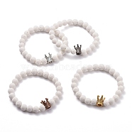Dyed Natural Lava Rock(Dyed) Round Beads Essential Oil Anxiety Aromatherapy Stretch Bracelet, Crown Alloy Bead Bracelet for Girl Women, White, Mixed Color, Inner Diameter: 2-1/4 inch(5.6cm)(BJEW-JB07059)