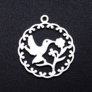 201 Stainless Steel Pendants, Filigree Joiners Findings, Laser Cut, Flower with Hummingbird, Stainless Steel Color, 22.5x20x1mm, Hole: 1.4mm(STAS-S105-JN874-1)