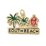 Rack Plating Brass Enamel Pendants, with Jump Ring, Long-Lasting Plated, Cadmium Free & Lead Free, Real 18K Gold Plated, Word South Beach, Coconut Tree, 16x24.5x2mm, Hole: 3.5mm(KK-P261-05A-G)