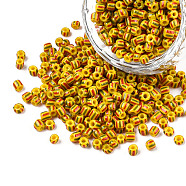 8/0 Opaque Colours Seep Glass Seed Beads, Round Hole, Round with Stripe Pattern, Gold, 3~3.5x2~3mm, Hole: 1mm, about 450g/bag(SEED-F003-04B-03)