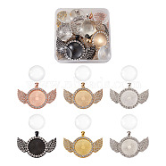 DIY Pendant Making Kits, with Transparent Glass Cabochons and Alloy Crystal Rhinestone Pendant Cabochon Setting, Flat Round with Wing, Mixed Color, Setting: 41x60x3mm, Hole: 3.5x5.5mm, 12pcs/set(DIY-TA0003-08)