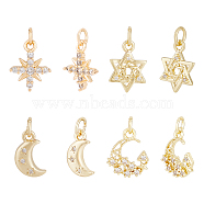 8Pcs 4 Style Brass Micro Pave Cubic Zirconia Charms, with Jump Ring, Star & Moon Charm, Real 18K Gold Plated, 12.5~15x7~11.5x2~3mm, Hole: 3.2mm, 2pcs/style(KK-BC0011-44)