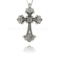 Alloy Rhinestone Cross Big Pendants, Antique Silver Meatl Color, Crystal, 75x50x6mm, Hole: 4.5mm(TIBE-M001-167)