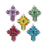 Glass Seed Beads Pendants, with Nylon Wire, with Jump Ring, Mixed Color, 32.5x27~27.5x6mm, Hole: 3mm(PALLOY-MZ00223)