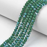 Electroplate Opaque Solid Color Glass Beads Strands, Half Rainbow Plated, Faceted, Rondelle, Green, 6x5mm, Hole: 1mm, about 85~88pcs/strand, 16.1~16.5 inch(41~42cm)(EGLA-A034-P6mm-L05)
