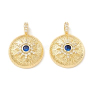 Rack Plating Brass Micro Pave Clear & Marine Blue Cubic Zirconia Pendants, Cadmium Free & Nickel Free & Lead Free, Long-Lasting Plated, Flat Round with Sun, Real 18K Gold Plated, 21x16x5mm, Hole: 4x2.5mm(KK-D073-13G)