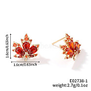 Cute Luxe Maple Leaf Sparkly Brass Stud Earrings for All Occasions, with Rhinestone, Red, 16x16mm(QV1797-2)