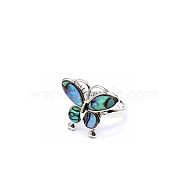 Natural Paua Shell Adjustable Ring, Platinum Alloy Ring, Butterfly, 15x19mm(PW-WG68534-02)