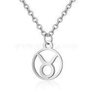 201 Stainless Steel Pendants Necklaces, Flat Round with Constellations, Taurus, 16.3 inch(40cm)x1mm(NJEW-S063-TN505-2)