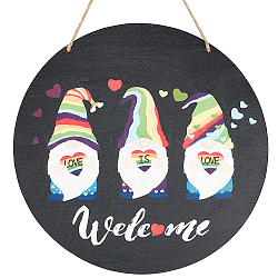 Wood Hanging Wall Decorations, with Jute Twine, Flat Round with Word Welcome & Gnome Pattern, Black, 428mm(HJEW-WH0047-18C)