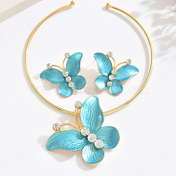 Alloy Enamel & Crystal Rhinestone Pendant Necklaces & Stud Earrings Sets, Golden, Butterfly, Dark Turquoise, Inner Diameter: 4.72 inch(12cm)(FS-WG8339F-02)