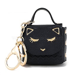 Cat Pattern PU Leather Mini Coin Purse Charm Keychain, Wallet Pouch, Portable Storage Bag for Women, Black, 5x5cm(PW-WG57425-05)