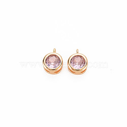 Brass Charms, with Rhinestone, Nickel Free, Flat Round, Real 18K Gold Plated, Violet, 7x5x3mm, Hole: 1mm(KK-S364-161E)