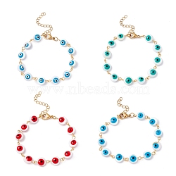Natural Shell Flat Round with Evil Eye Link Chain Bracelet with Enamel, 304 Stainless Steel Jewelry for Women, Golden, Mixed Color, 6-1/2~6-3/4 inch(16.5~17.2cm)(BJEW-C015-21G)