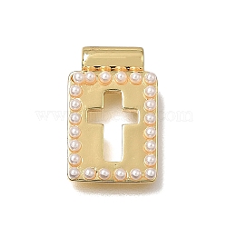 Brass with ABS Imitation Pearl Pendants, Rectangle with Cross Charms, Rack Plating, Long-Lasting Plated, Cadmium Free & Lead Free, Cut-Out, White, Golden, 19x12x4mm, Hole: 1.4mm(KK-CBA8E93-05B)