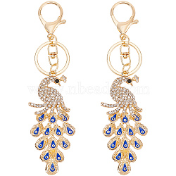 Enamel Evil Eye Peacock Pendant Keychain, with Crystal & Jet Rhinestone and Zinc Alloy Findings, Light Gold, 52mm(KEYC-WH0036-05KCG)