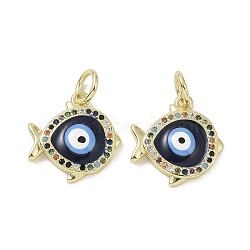 Real 18K Gold Plated Brass Micro Pave Cubic Zirconia Pendants, with Enamel and Jump Ring, Evil Eye Charms, Fish, 16x15x3mm, Hole: 4mm(KK-L209-072G-07)